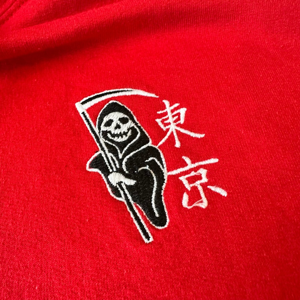 Riot Society Mens Red‎ Grim Reaper Kanji Graphic Hoodie Streetwear XL - Picture 3 of 7